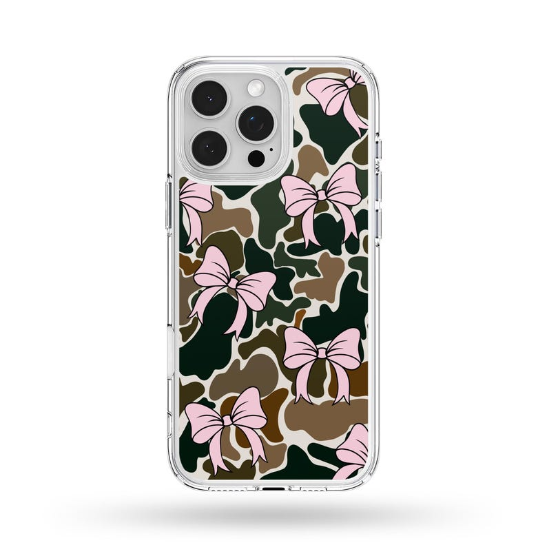White Border, Pink Trendy Camo Bows Compatible Phone Case, IPhone/Samsung Phone Case