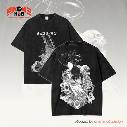 Chainnsaww Man Double-Sided Unisex Washed Tee – Anime Graphic Oversize Shirt ANIME HUB